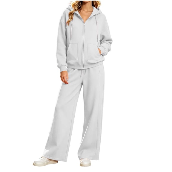 vdgthytj Womens Sweatsuits 2 Piece Set Full Zip Drawstring Hooded Jackets Wide Leg Pants Fall Winter Athleisure Tracksuits(X-Large,White)