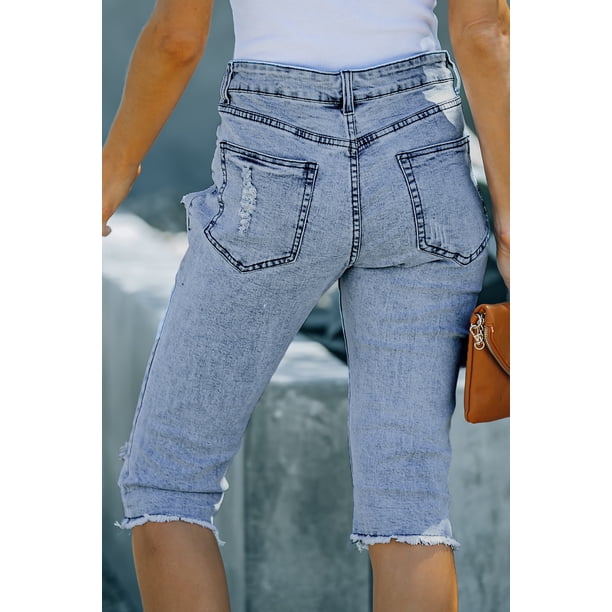 ABPHQTO Pantalones cortos de mezclilla de cintura alta deshilachados con parches de plantas tropicales azul cielo para mujer