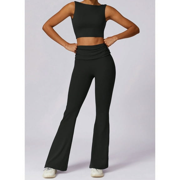 Women's Flared High Waist Pants and Cropped Tank Top Activewear Set - Small, Black