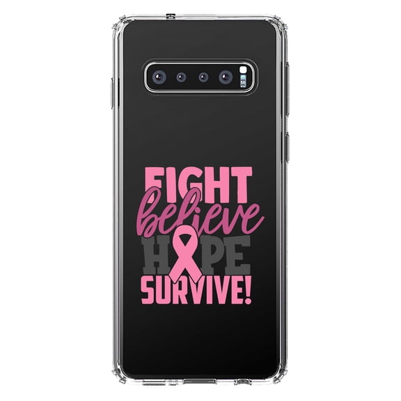 DistinctInk Clear Shockproof Hybrid Case for Samsung Galaxy S10 (6.1" Screen) - TPU Bumper Acrylic Back Tempered Glass Screen Protector - Pink Ribbon Cancer - Fight Believe Hope Survive