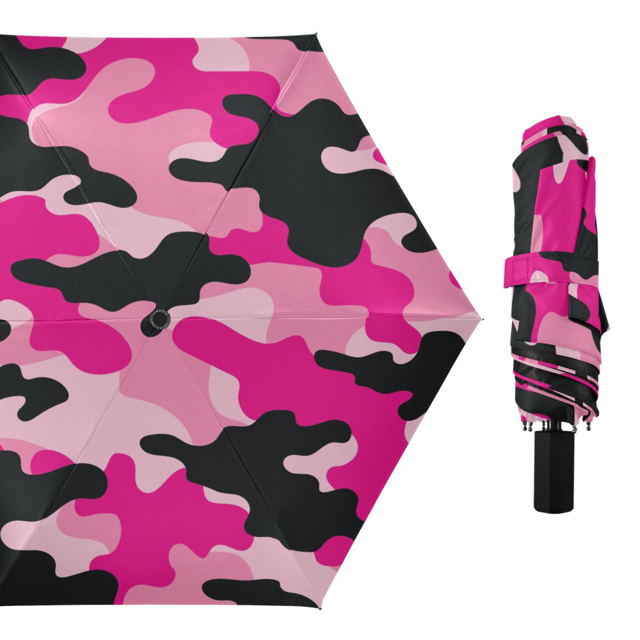 Pink and Black Camouflage Compact Folding Umbrella for Rain Windproof Travel Umbrella UPF 50+ Lightweight Packable Arc Size