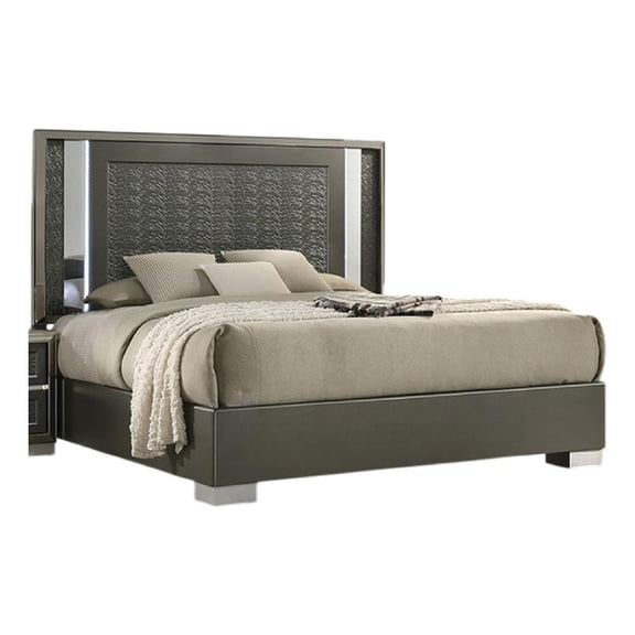 Levi Queen Bed-Dark Gray-Solid Teak and Rubberwood-Modern LED Lighting