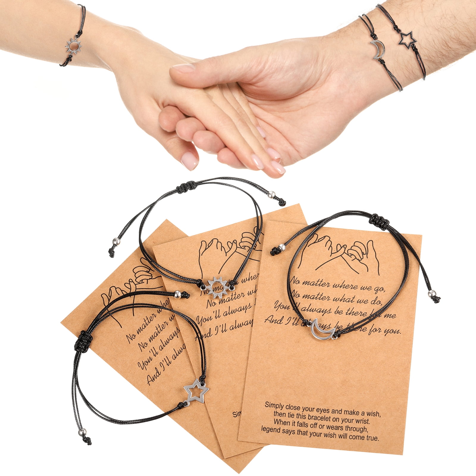 Jygee 3Pcs Friend Bracelets with Sun Moon Star Pendant Hand-made Braided Rope Wrist Jewelry Set Length Hand Chain Girlfriend Adults