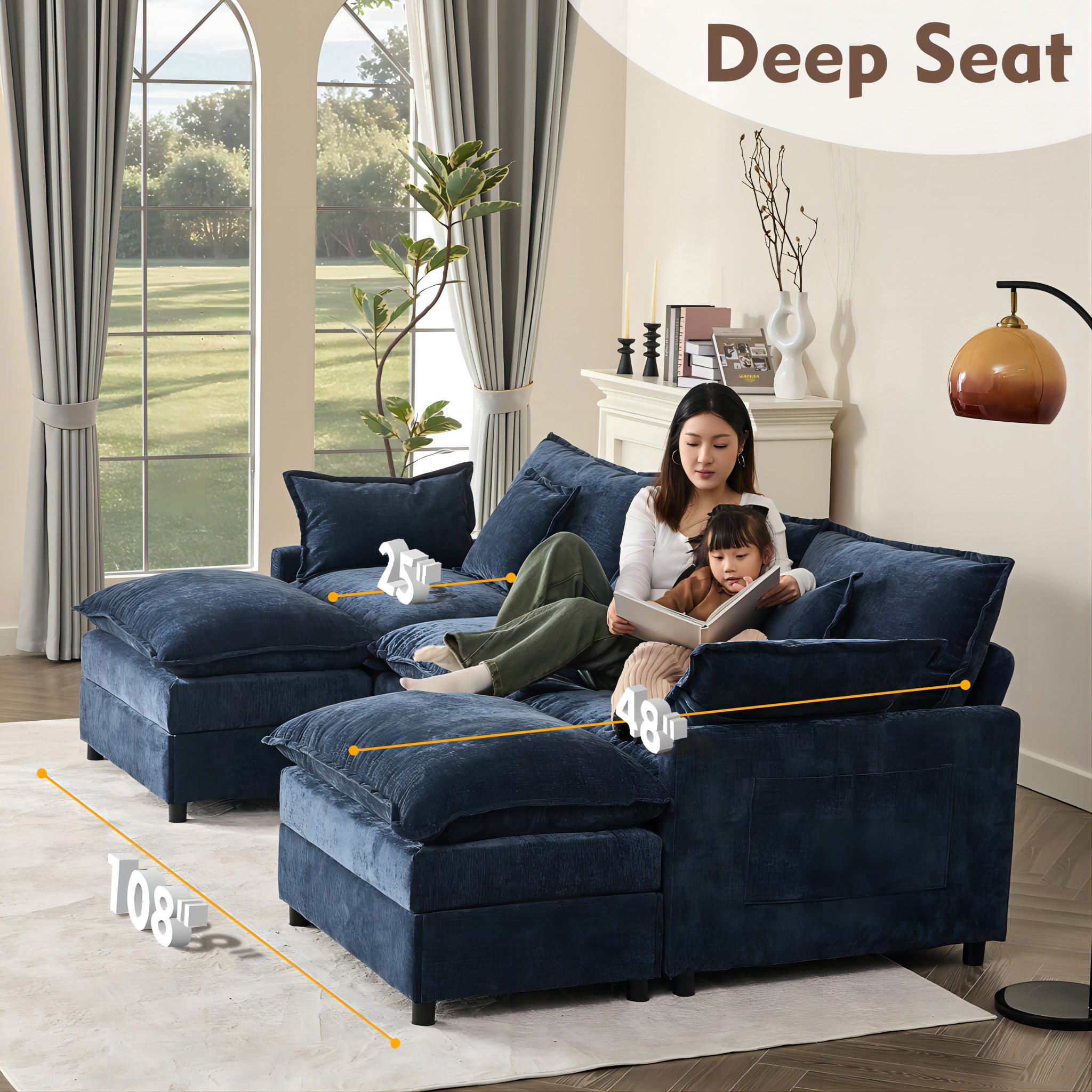 Bigsyy 3 - Seat Sectional Sofa Couch, Comfy Cloud Style, Deep Seat, Sleeper Function with Throw Pillows. Ideal for Adult - Occupied Living Rooms, Modern Design, Cozy Chenille, Navy