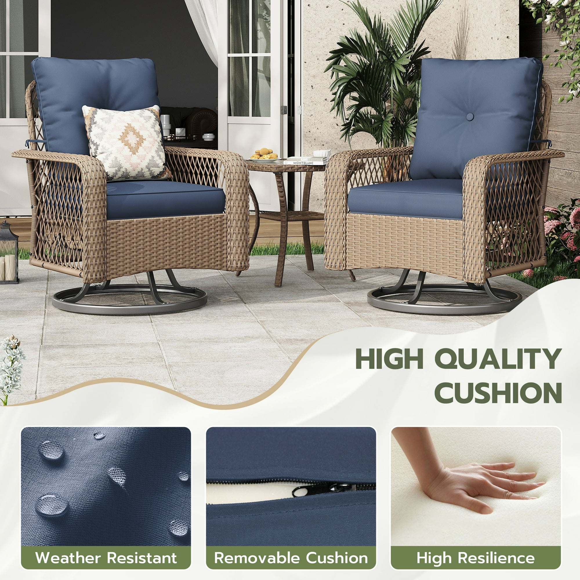 POTEBAN 3 Pieces Patio Furniture Set, Outdoor Swivel Gliders Rocker, Glass Top Side Table (Navy Blue)