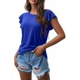 thumbnail image 2 of Blue Womens Tops Ladies Summer Fashion Solid Color Round Neck Ruffle Short Sleeve T Shirt Going Out Tops for Women, 2 of 4