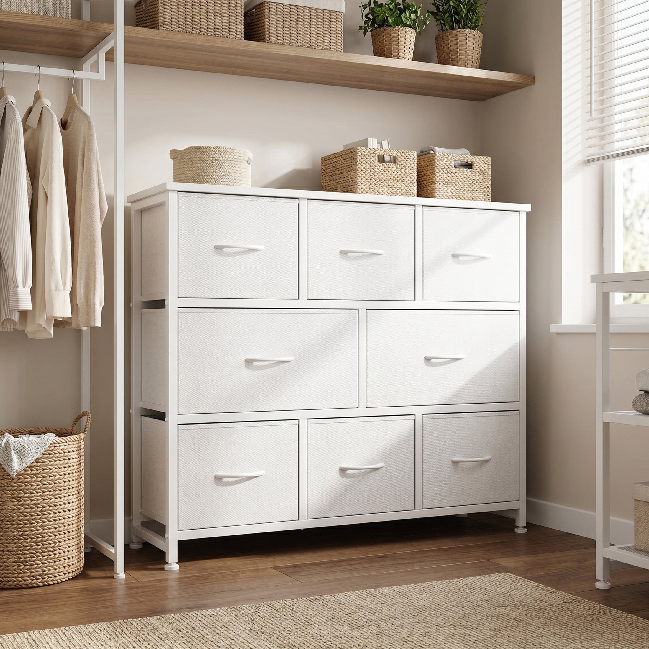 edx 8 Drawers Fabric Dresser, Chest of Drawers with Sturdy Steel Frame, Storage Organizer Cabinet for Bedroom, Living Room, Hallway, White