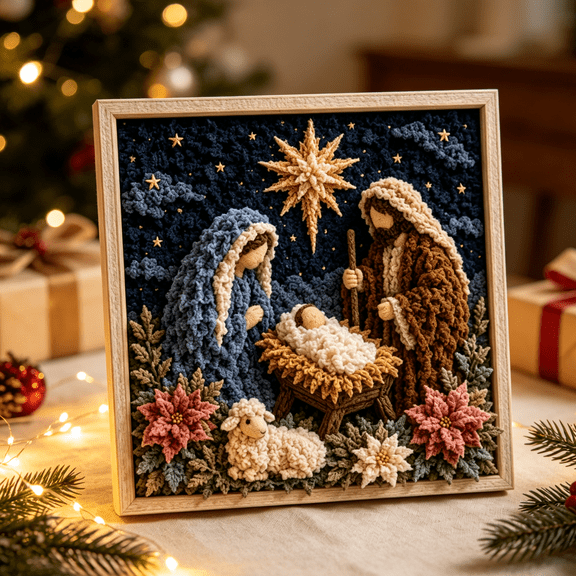 3D Christian Fabric Poke Art DIY Craft Kit for Adults Beginners, Christmas Nativity Scene Punch Needle Kit with Wooden Frame, Holy Family Yarn Art Painting Set Religious Christmas Gift