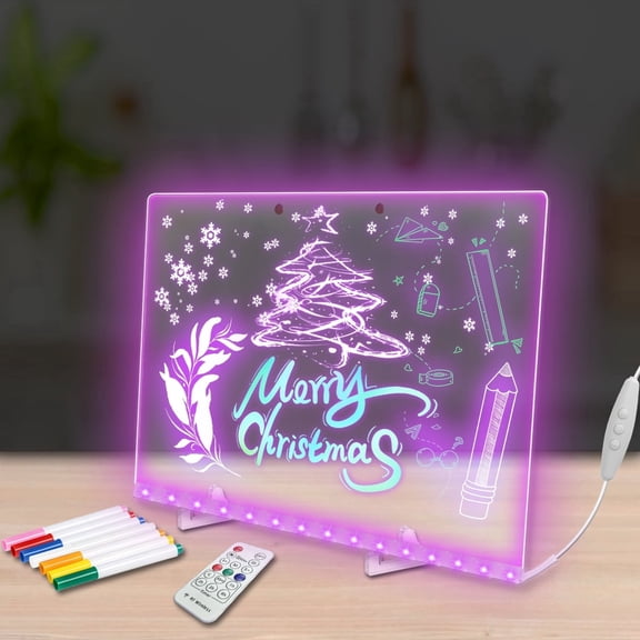 Yvagay LED Note Board with Color Lights, 13.78×9.84 in Acrylic Writing Drawing Board with Remote Control, Dry Erase Board with 7 Markers for Home, Office, School