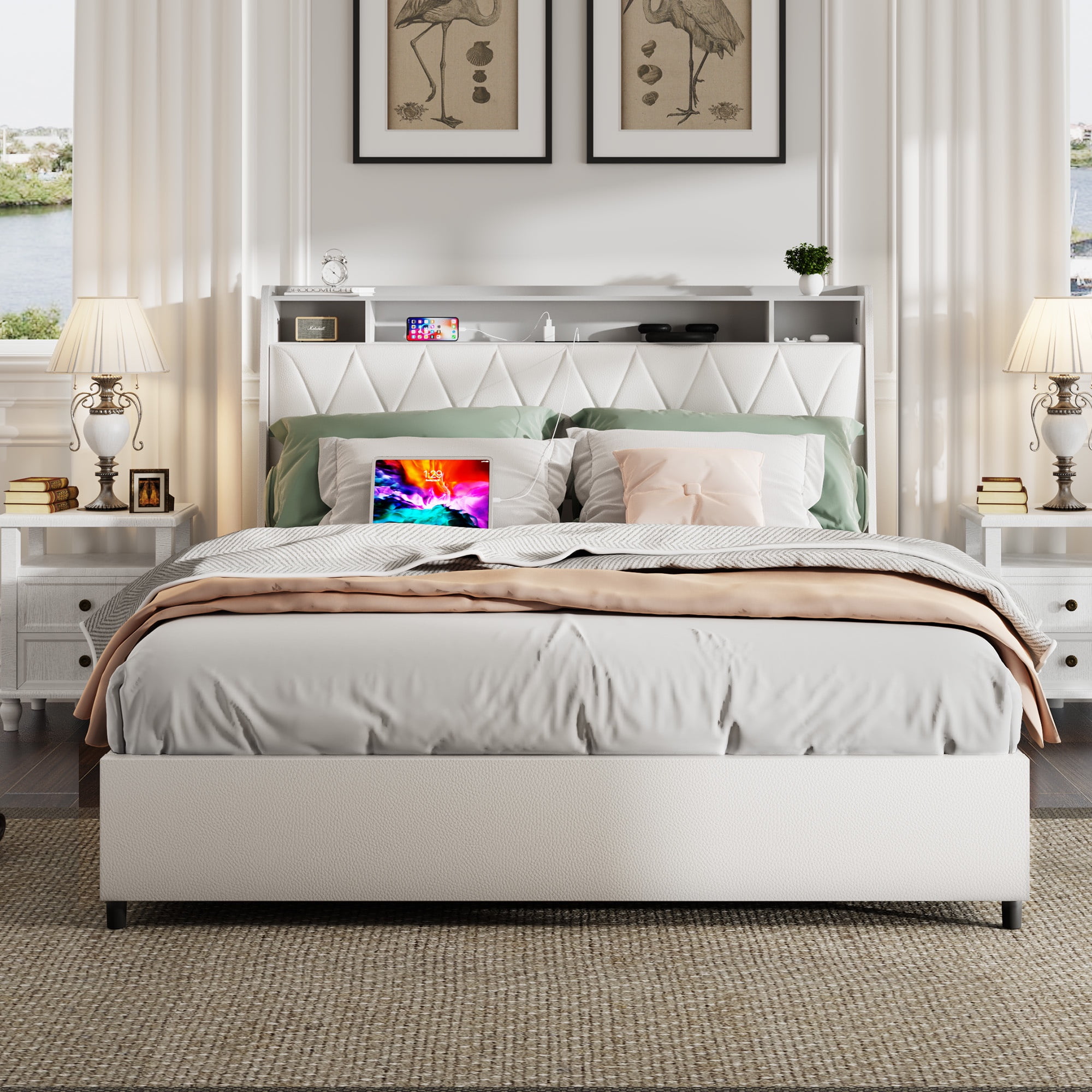 Bellemave PU Leather Upholstered Bed Frame Queen Size with 4 Storage Drawers Noise-reduced Queen Size Bed Frame with Bookcase Headboard and Charging Station (Queen, White)
