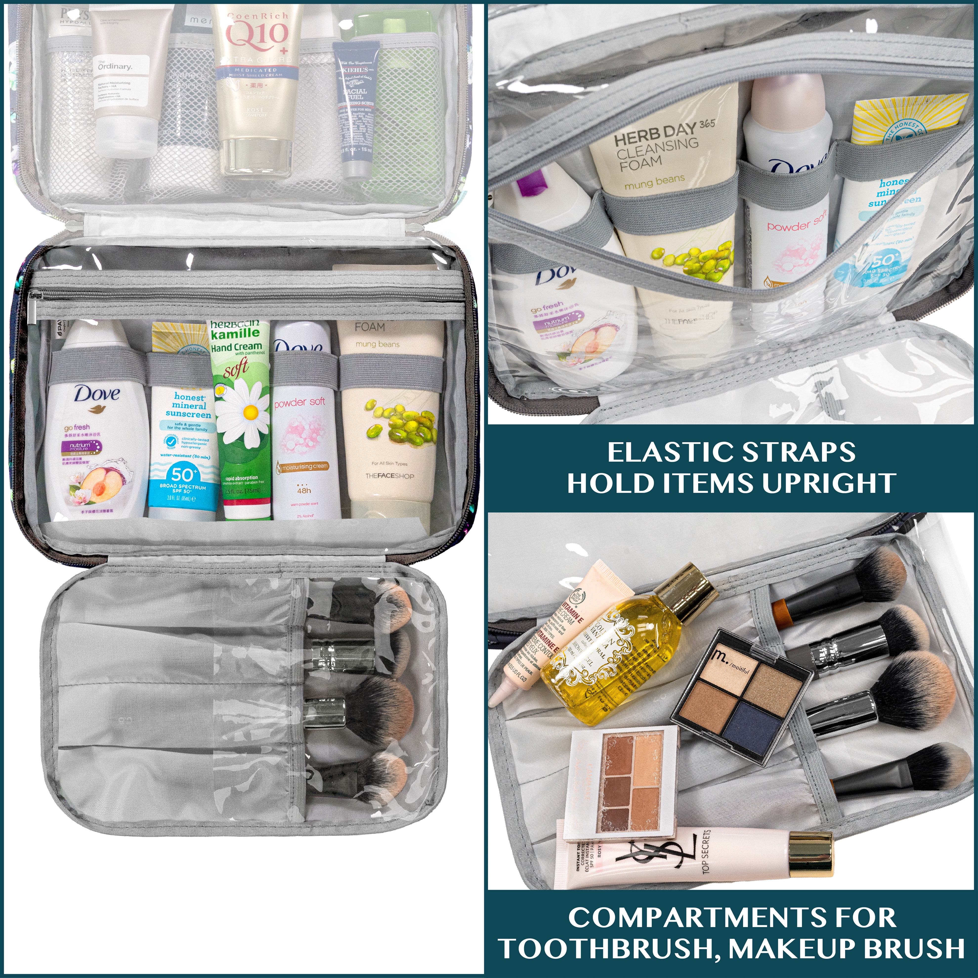 PAVILIA Hanging Toiletry Bag Women Men, Foldable Cosmetic Organizer Travel Bag, Water Resistant Makeup Bag Toiletries, Large Travel Essentials Kit (Grey Floral)