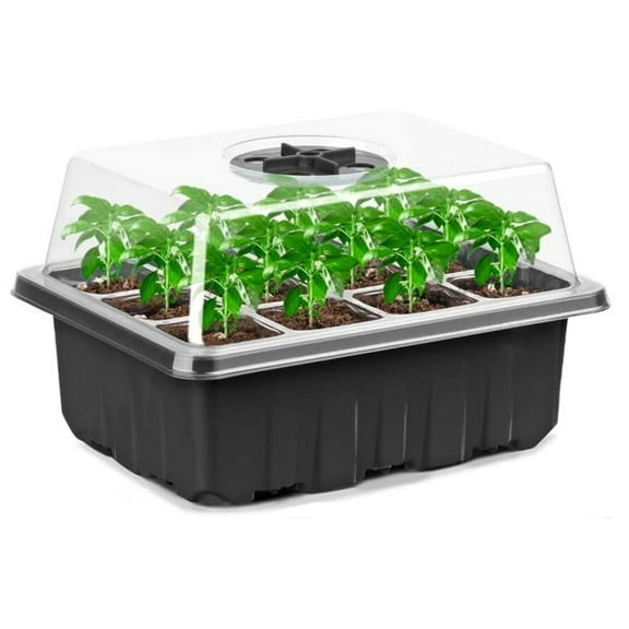 Seed Starting Trays,Seedling Starter Tray,12 Cells Base Mini Greenhouse Germination Kit with Adjustable Humidity Domes,for Greenhouse & Gardens,Plant Germination Trays,Black