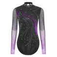 thumbnail image 3 of TiaoBug Gymnastic Leotard for Women Shiny Rhinestone Mesh Long Sleeve Ballet Dance Bodysuit Skating Outfits Purple XL, 3 of 5