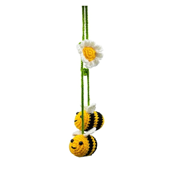 Crochet Bee Car Mirror Hanging Accessories, Handmade Knitted Rear View Mirror Charm, Cute Automotive Interior Ornament Decoration Car Pendant, A Present for Bee Lovers, Women (Bee) C33