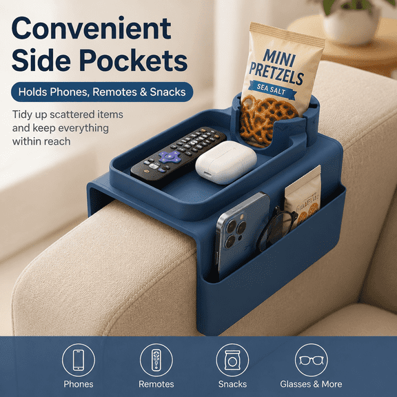 Couch Cup Holder Tray, Silicone Sofa Armrest Organizer, Side Pockets for Remote, Cell Phone, Tablet and Snacks, Anti-Spill Drink Caddy, Blue