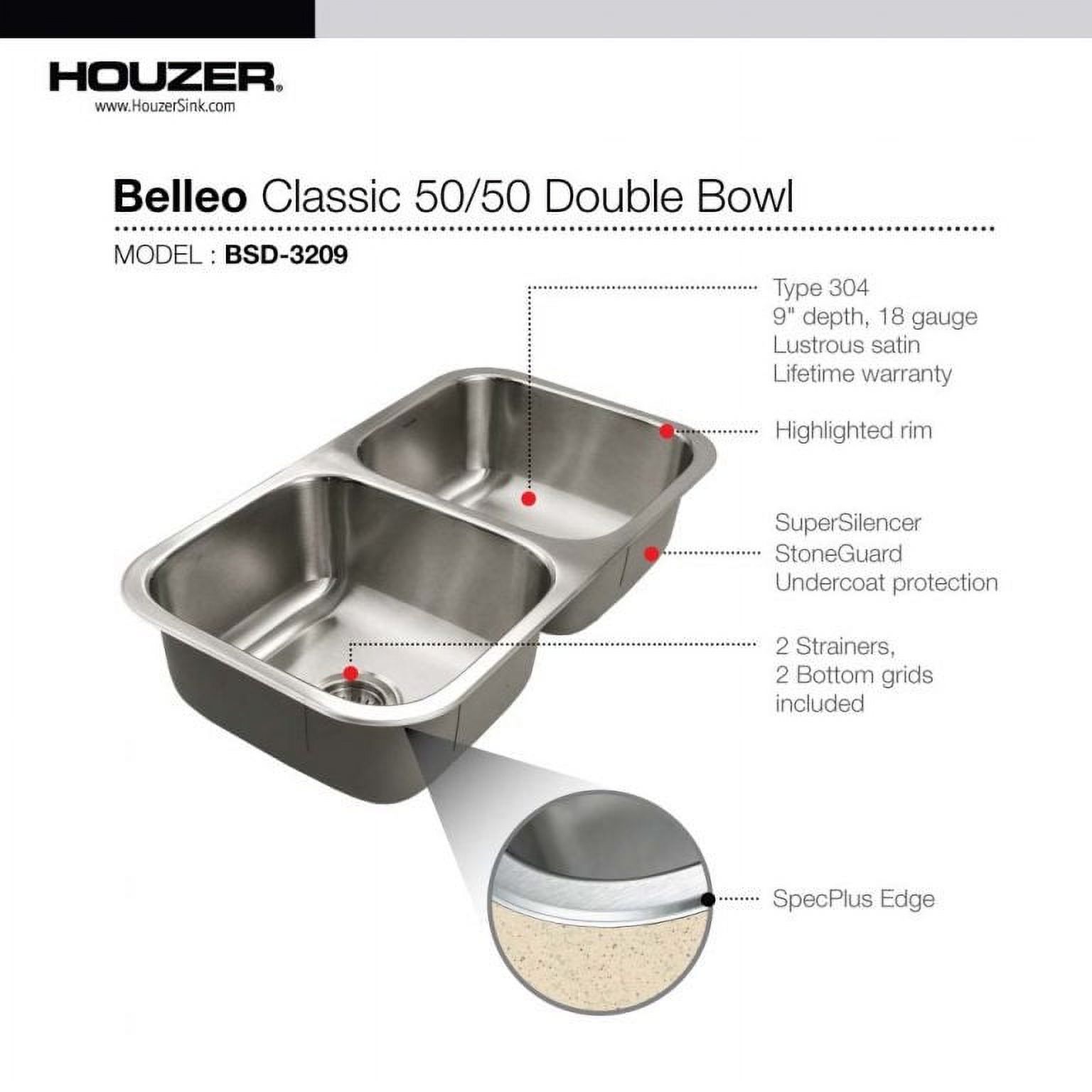 Houzer BSD-3209 31-1/2" x 17-15/16" Stainless Steel Topmount Double Bowl Kitchen Sink - image 3 of 6