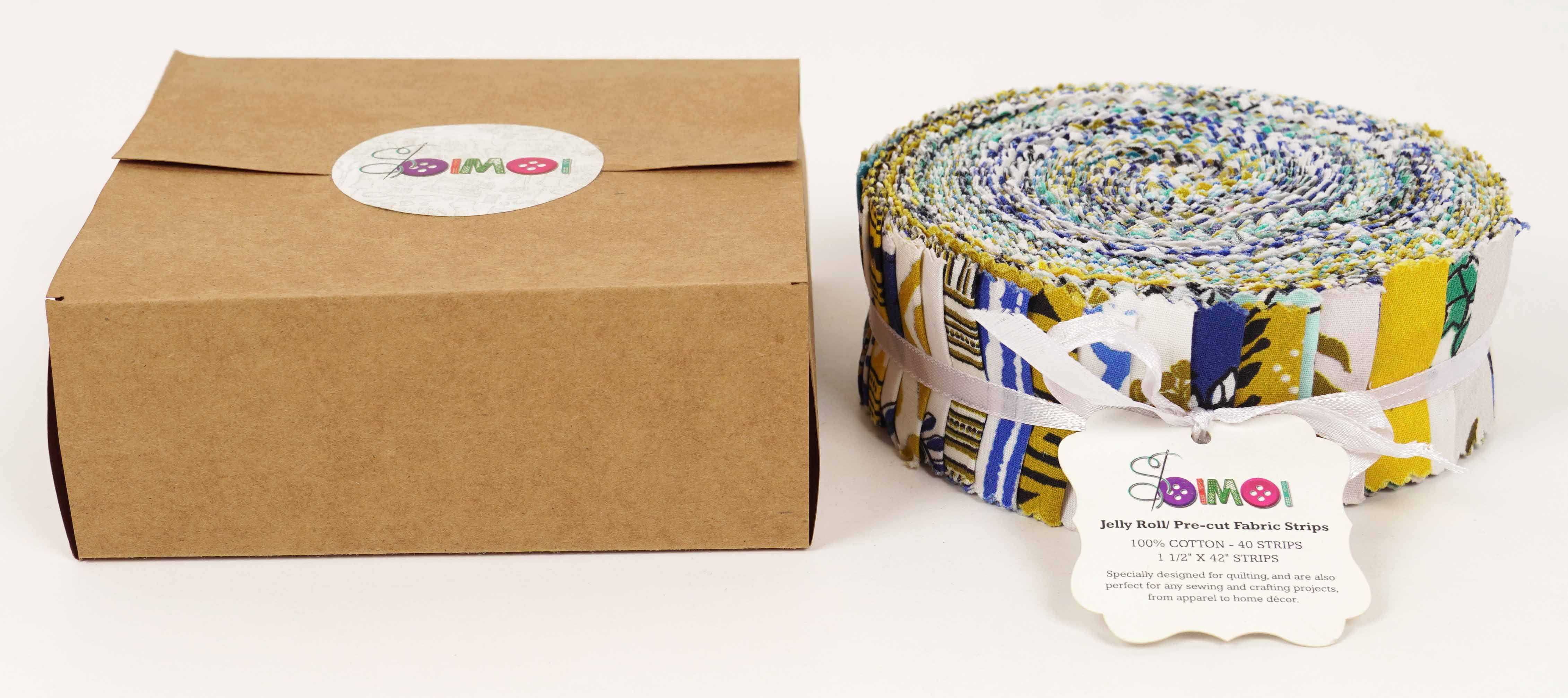 Soimoi 40Pcs Asian Block Print Precut Fabrics Strips Roll Up 1.5x42 inches Cotton Jelly Rolls For Quilting - Mustard, Blue, White