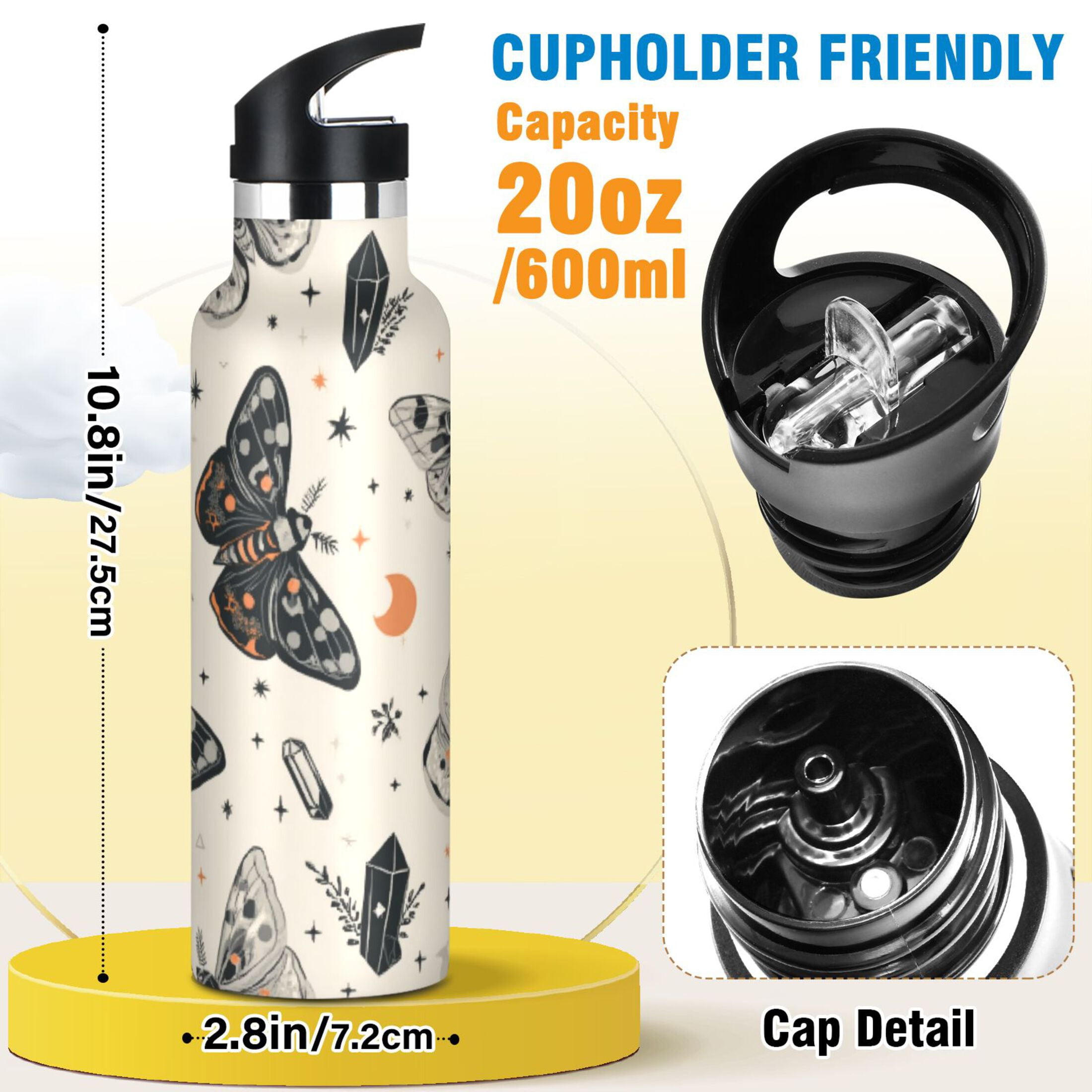 Kids Insulated Stainless Steel Sports Water Bottle 600ml (20oz) Black and White Moths
