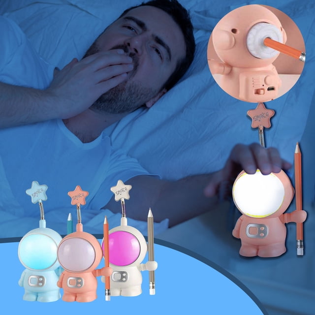 Xihbxyly Lámpara de Escritorio Recargable con Diseño de Astronauta, Luz Suave y Agradable para La Vista, Carga Usb, Rotación de 360° y Sacapuntas, Decoración para El Hogar, La Oficina y El Dormitorio