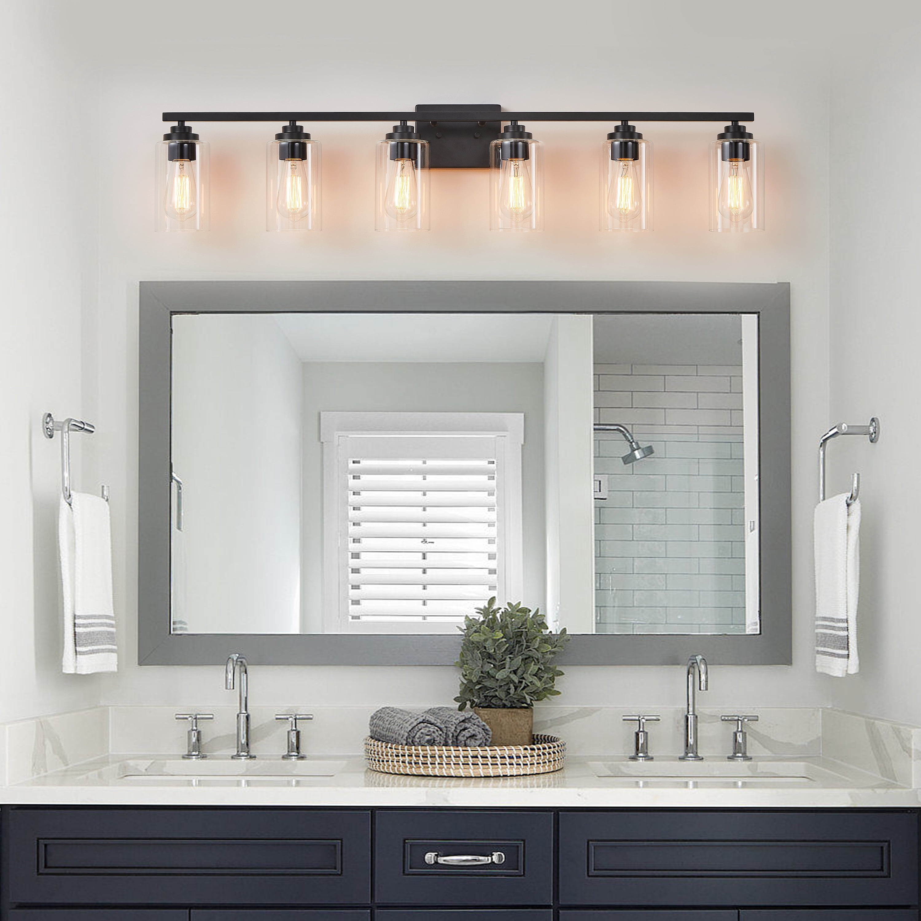 KAWOTI 6-Light Dimmable Vanity Light with Clear Glass Shade, Black Modern Bathroom Vanity Light Fixtures