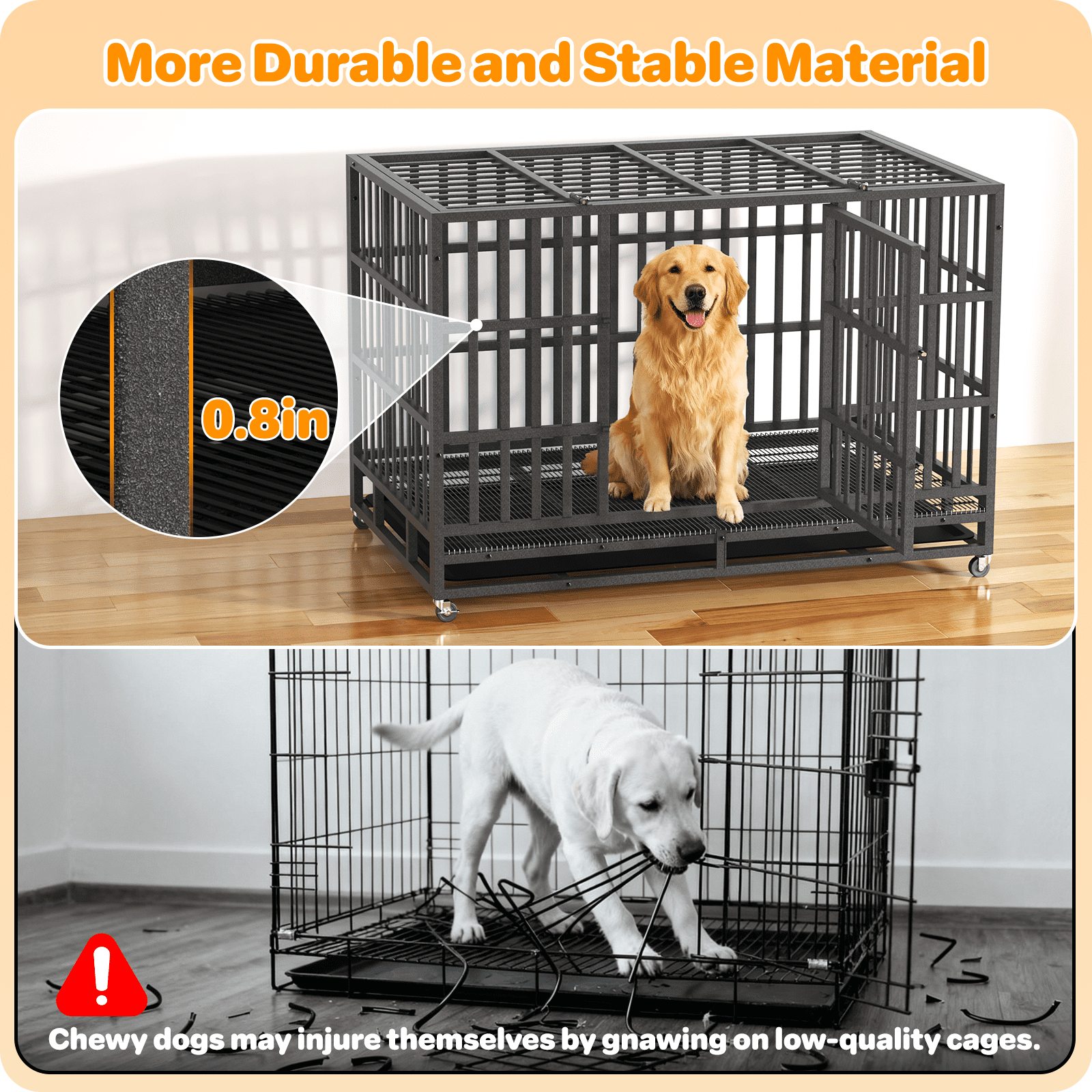 YOKWOK 48 Inch Heavy Duty Dog Crate for Large Dogs, Indestructible Chew Proof Steel Escape Proof Dog Cage for High Anxiety, XL Metal Dog Kennel with Locking Wheels and Removable Tray