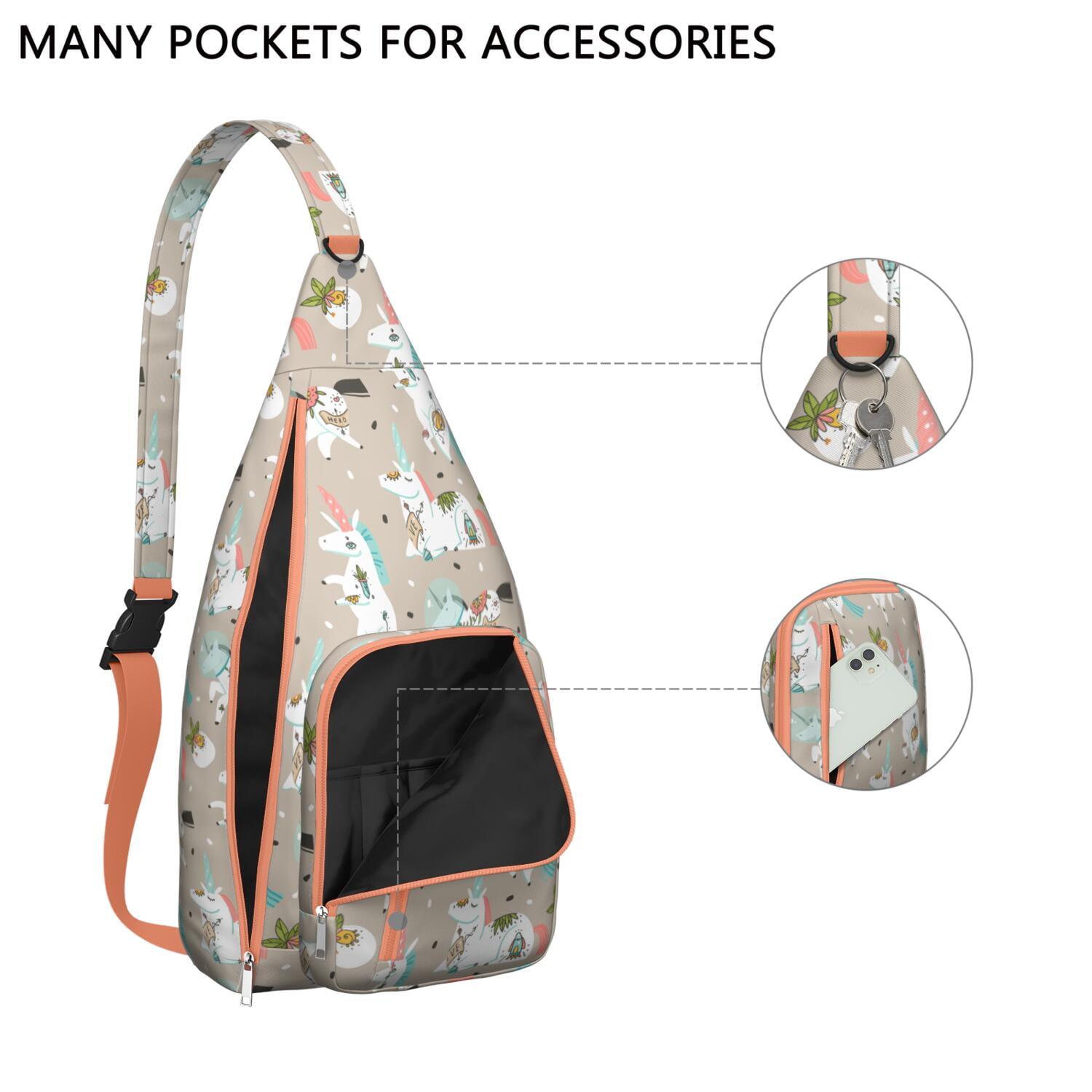 Magical Mythical Horse Sling Bag - Unicorn Rainbow Cartoon Print (Multi-Pocket Organized, Adjustable & Waterproof)