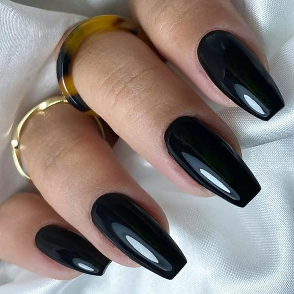 Pure Black Press On Nails Medium Coffin, Solid Black Long Fake Nails, Natural Soft Gel Glossy Polish Stick on Nails, Reusable Glue on False Acrylic Manicure Fake Nails Kit for Women Girls A2-Black