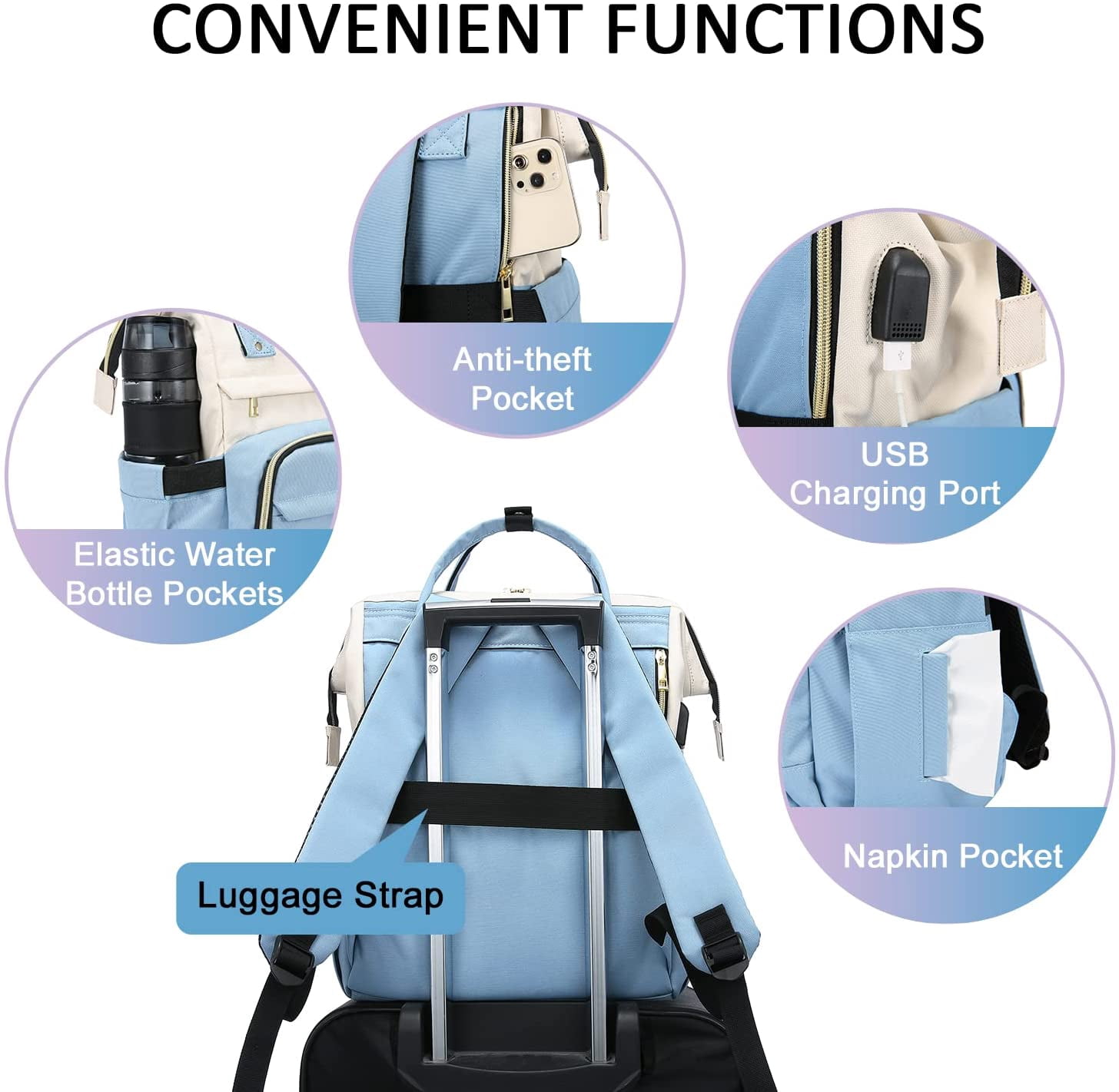 Lovevook Laptop Bag 15.6", Women Work Computer Bag Teacher Nurse Backpack Purse with USB, Waterproof Travel Backpack College Bookbag- Beige+Light Blue