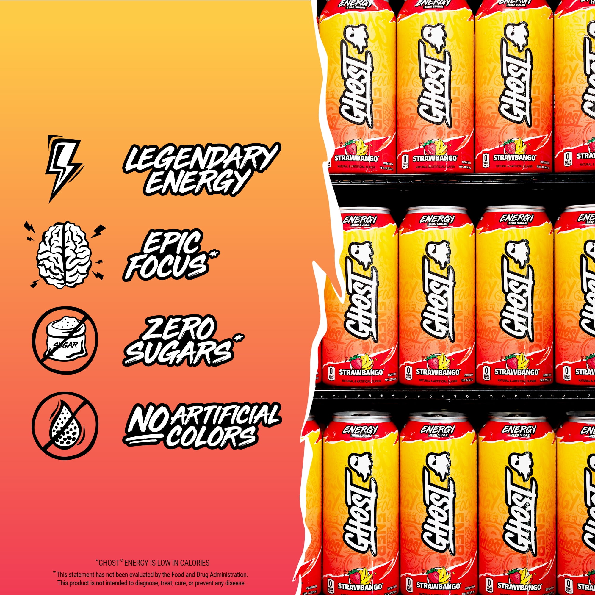 GHOST Zero Sugar Energy Drink, Strawbango, 16 oz Can, 12 Pk