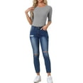 thumbnail image 2 of INSPIRE CHIC Women's Tops Elbow Sleeves Boat Neck Solid Slim Fit Casual Tee Shirts Light Gray M, 2 of 6