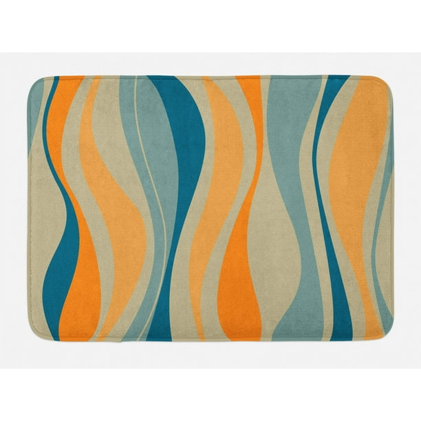Vintage Bath Mat, Retro Vibrant Stripes Funky Lines Design Patterns