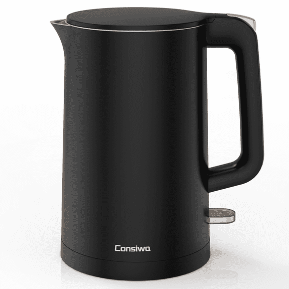 Consiwa Electric Kettle, Double Wall 1.7L Stainless Steel Cool Touch, Water Boiler & Heater, 1500W Hot Tea Pot, Black