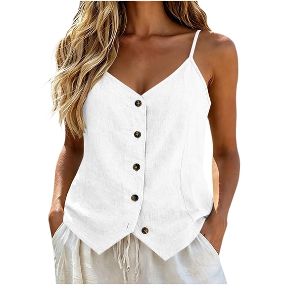 WRFWUL Women's Cotton Linen Button Down Sleeveless Blouses V-Neck Spaghetti Strap Tank Tops Summer Beach Vacation Clothes