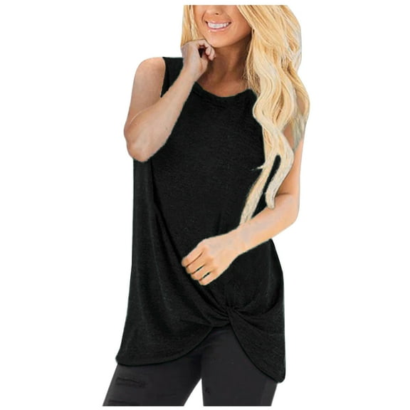 OGLCCG Women's Sleeveless Tank Tops Round Neck Front Twist Tunic Tops Casual Loose Fitted Solid Color Tshirts