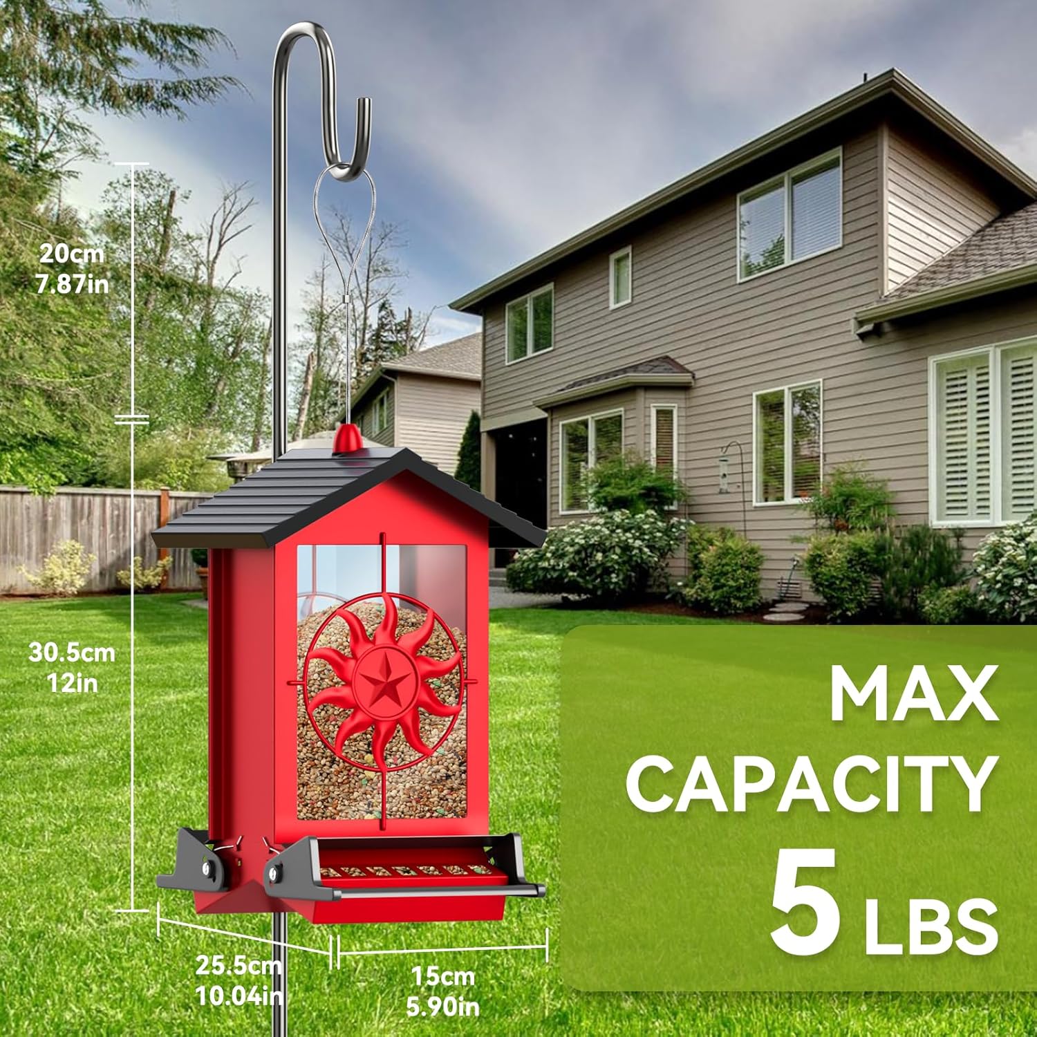 Squirrel Proof Bird Feeder for Outdoors Hanging, Metal Wild Bird Seed Feeder with Bilateral Weight-Activated Perches, 5LB Large Capacity Wild Bird Feeders for Outside Finch, Cardinal, Blue Jay