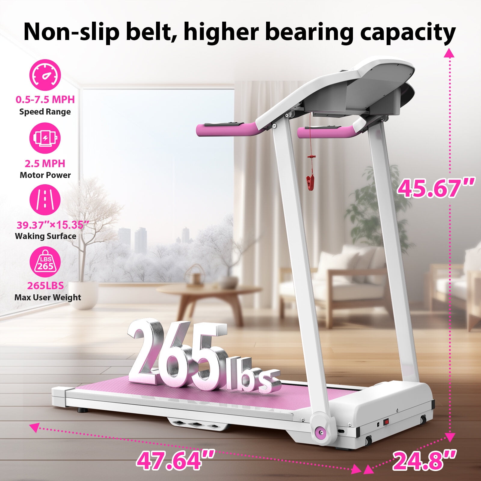 Folding Treadmills, Foldable Treadmill 2.5HP Electric Folding Treadmill Running Walking Machine for Home Gym, Max 265 LBS Weight Capacity, White+Pink Running Machine,Steel Incline Treadmills