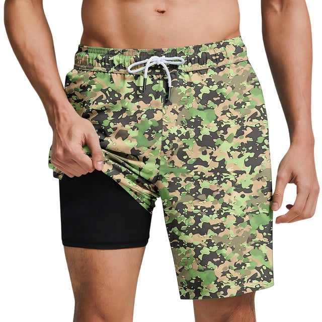 Beach Shorts For Men, Hawaiian Style Casual Printed Drawstring Shorts with Pockets and Inner Lining for Swim and Vacation