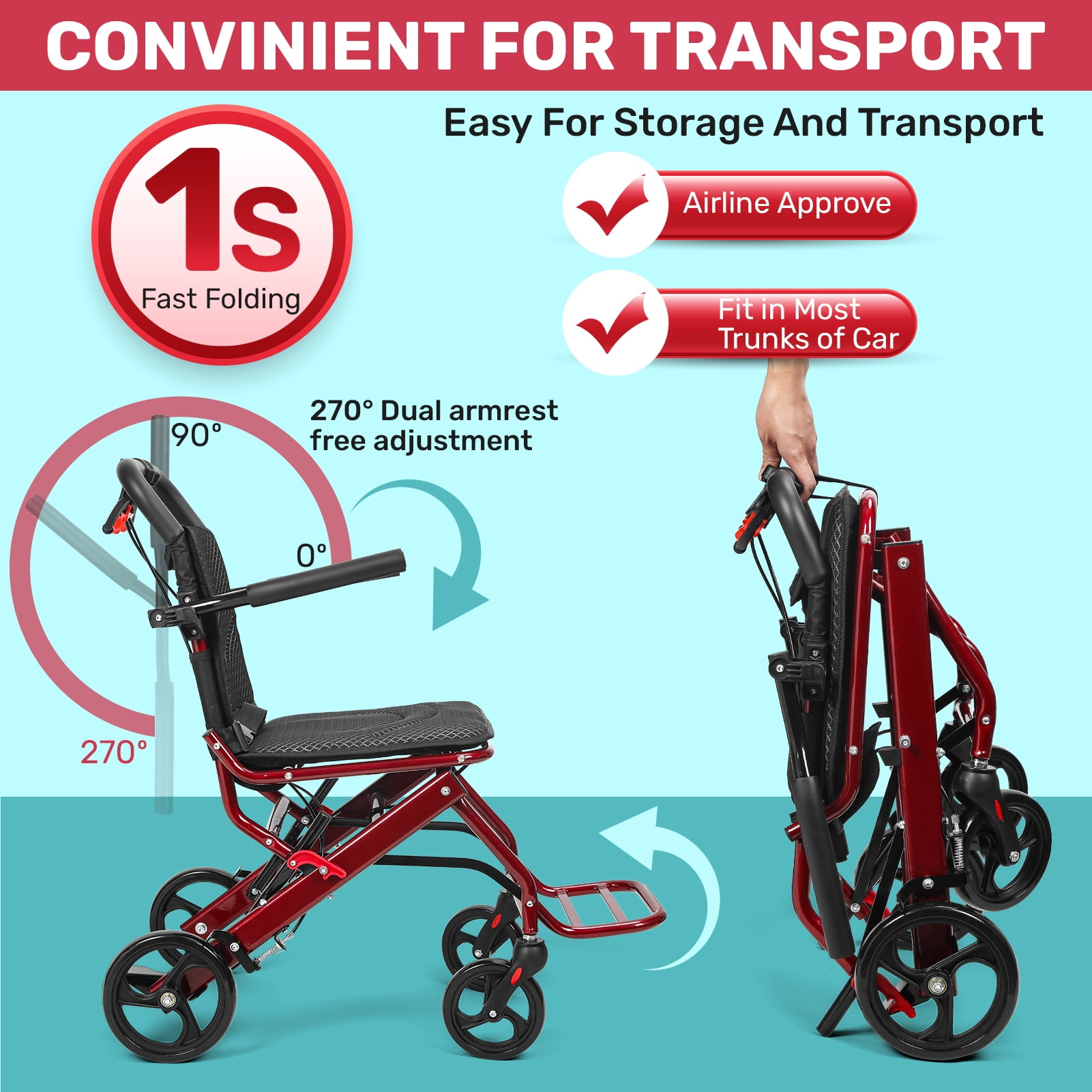 Foldable Transport Wheelchairs for Adults, Lightweight 18.5lbs Travel Wheelchair with 8" Rear Wheels & Hand Brakes, Portable Aluminum Alloy Wheelchair, Supports 175lbs Capacity
