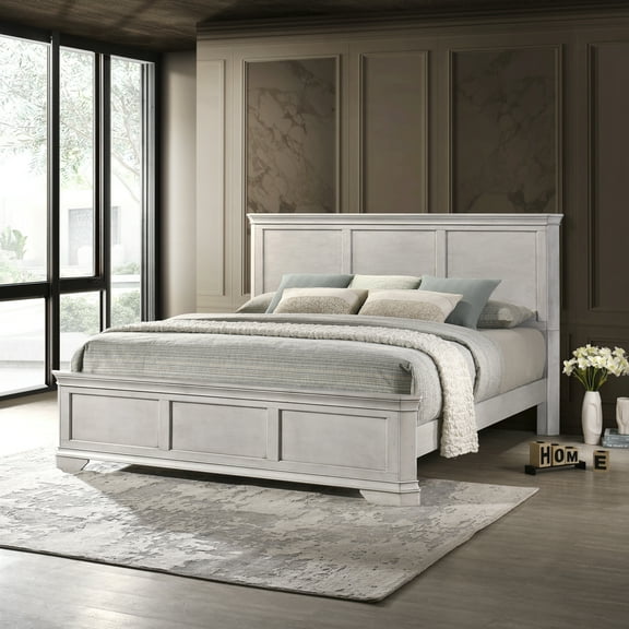 Roundhill Furniture Maderne Wood Panel Bed, King, Antique White Finish