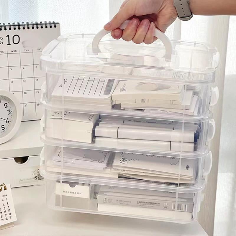 4-Tier Clear Plastic Stackable Storage Organizer with Handle, Portable Craft Supply Box for Beads Jewelry Sewing Tools, Stackable Drawer Container for Home Office Travel