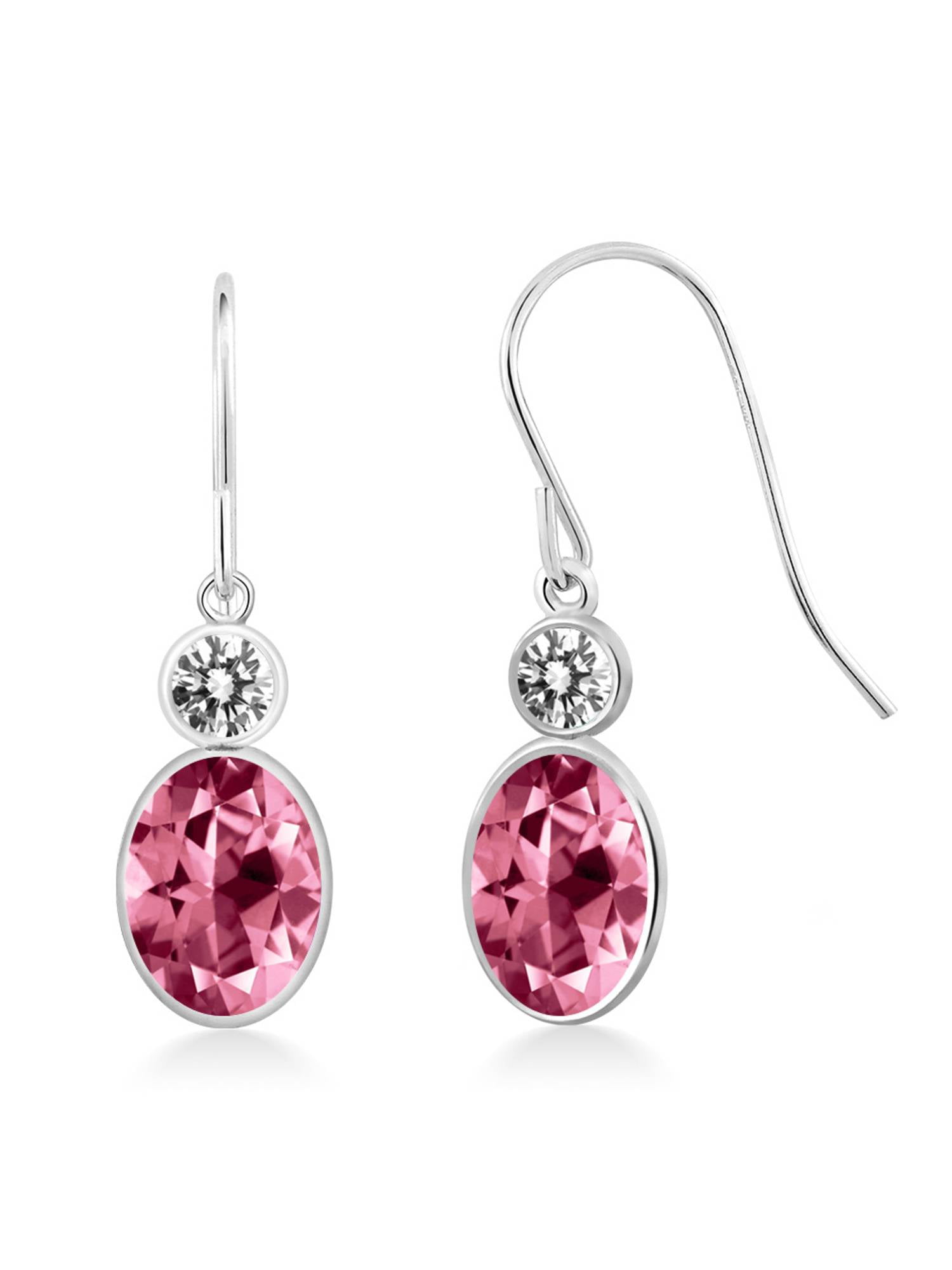 14K White Gold Diamond Earrings Set with Oval Pink Topaz from Swarovski by