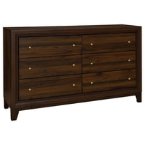 Yels Wide Dresser with 6 Drawers, Gold Metal Knobs, Walnut Brown
