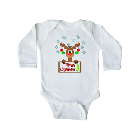 

Inktastic Merry Christmas Cute Reindeer with Decorations Gift Baby Boy or Baby Girl Long Sleeve Bodysuit