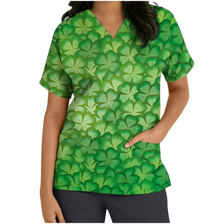 

Taqqpue St Patricks Scrub Tops for Women Plus Size Green Shamrock Clover Print V-Neck Short Sleeve Nursing Working Uniforms St Patricks Day Shirt Blouse Workout Tops Workwear with Pockets on Clearance