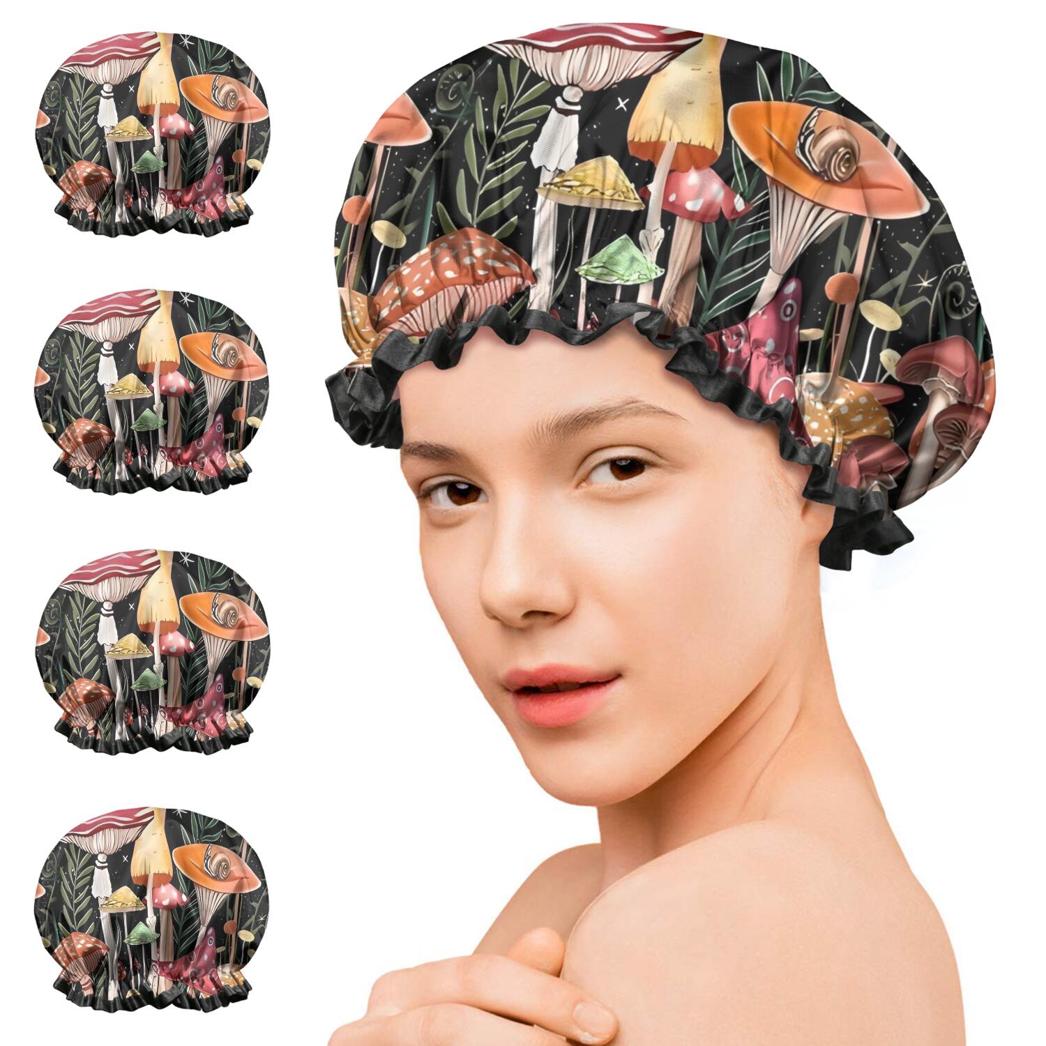 Shower Caps,Red Mushroom Butterfly Black Pattern Waterproof Shower Cap for Women 4 Pieces,Double Reusable Hair Cover for Shower PEVA Elastic Stretch Hem