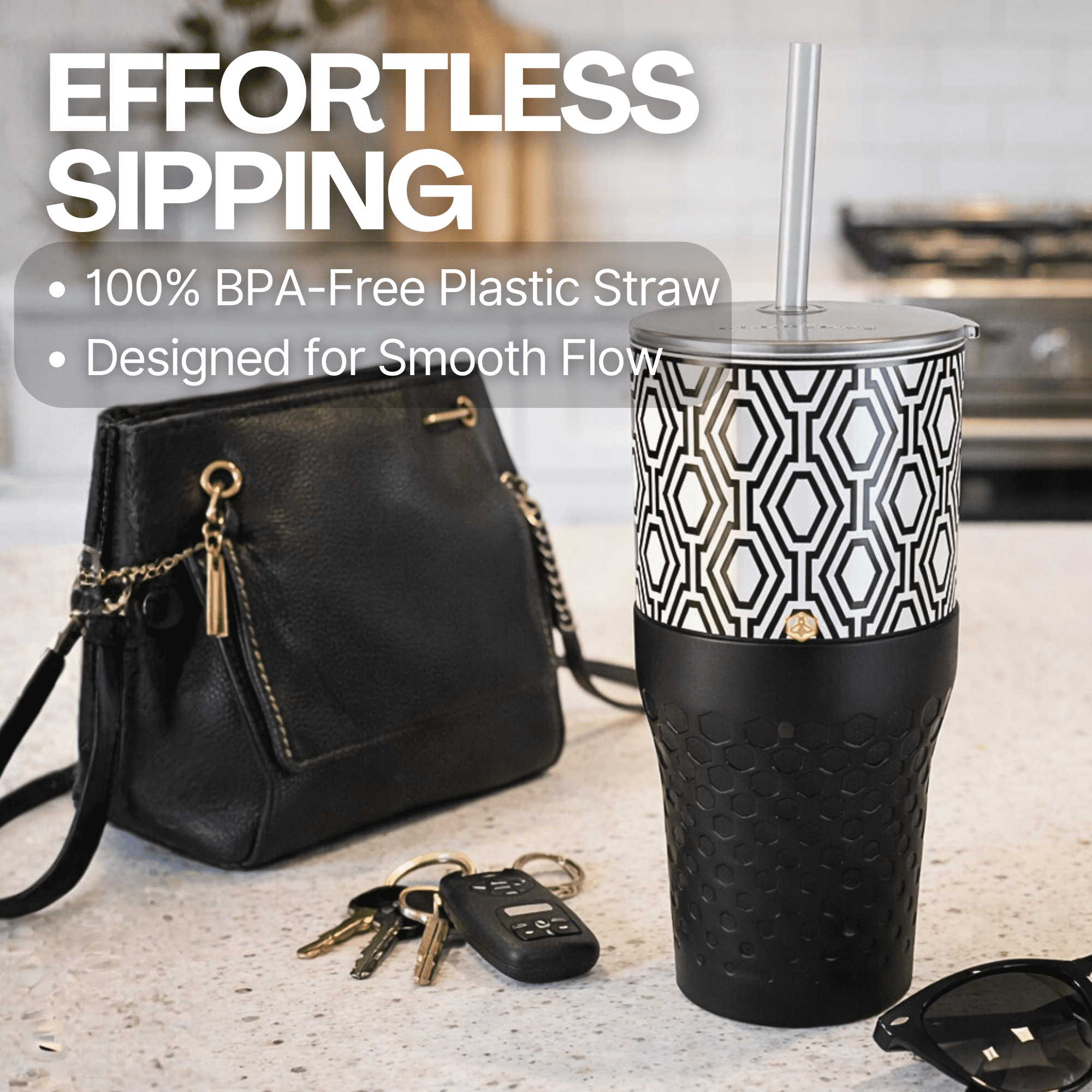 Biddlebee 30oz Insulated Stainless Steel Tumbler with Straw and Silicone Boot, Black & White Check