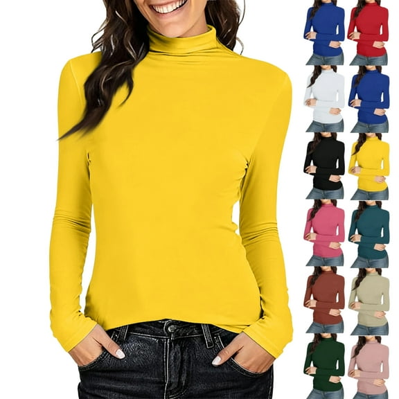 Women's Mock Turtleneck Shirts Long Sleeve Pullover Tops Stretch Cotton Basic Layering Loose Fit Undershirt Tee，Yellow M