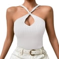 thumbnail image 1 of Women Summer Knitted Top Off Shoulder Cross Halter Neck Sleeveless Keyhole Front Rib Knit Summer Camisole, 1 of 5