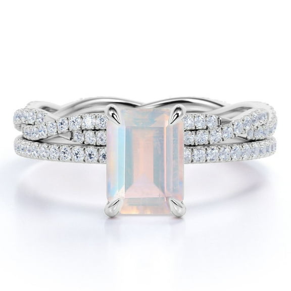 JeenMata 1.5 Carat Emerald Faceted Rainbow Moonstone and Moissanite Pave Bridal Ring Set in 1.58k White Gold over Silver