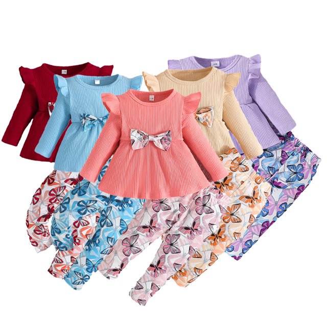 KYAIGUO 2PCS Baby Infant Girl Spring Floral Outfits Autumn Long Sleeve Ruffle Top Floral Pants Set for 6M-3T